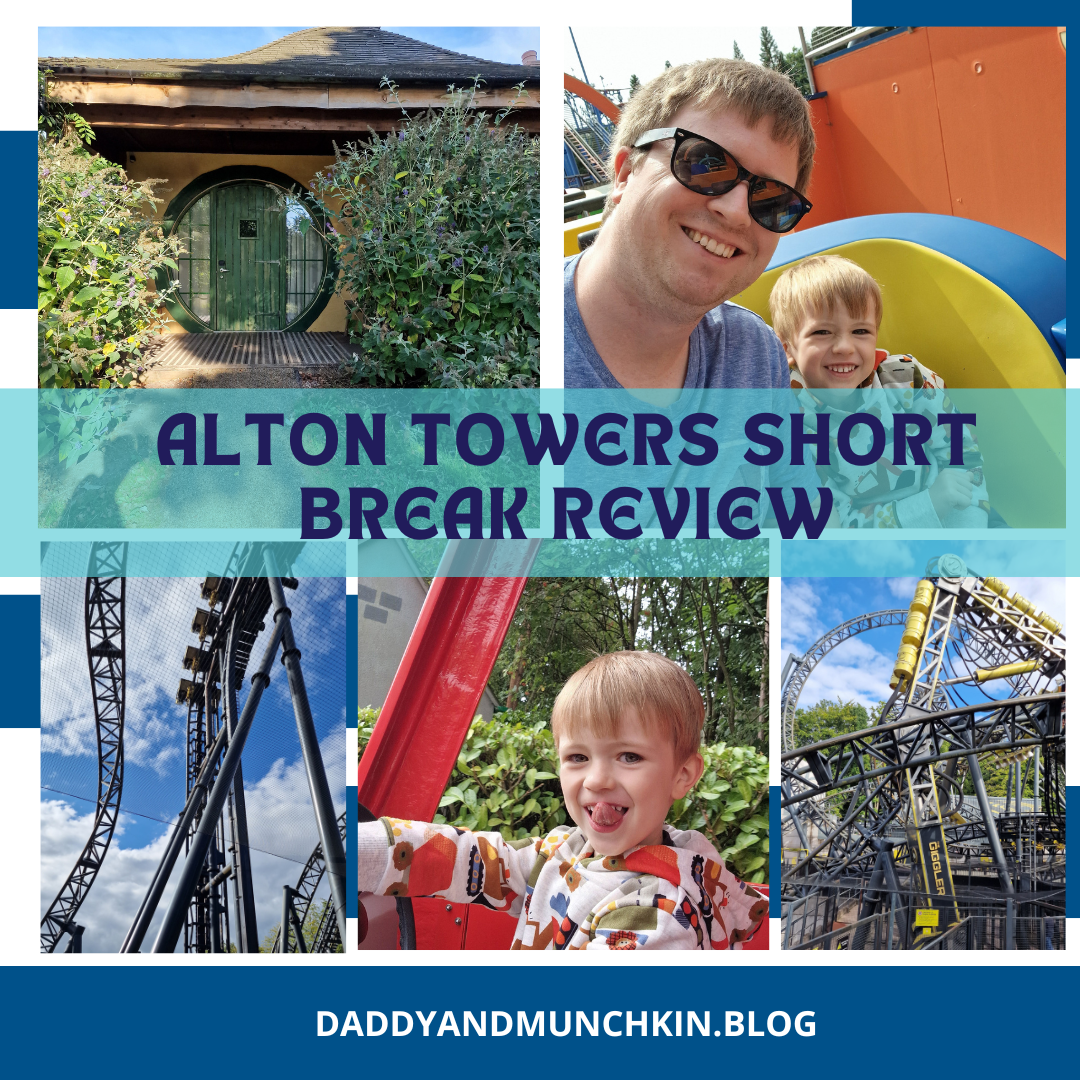 Alton towers short break review title over 5 images. two of rollercoaster, one of woodland accomodation, one of a Dad and son on a ride and one of a child on a ride
